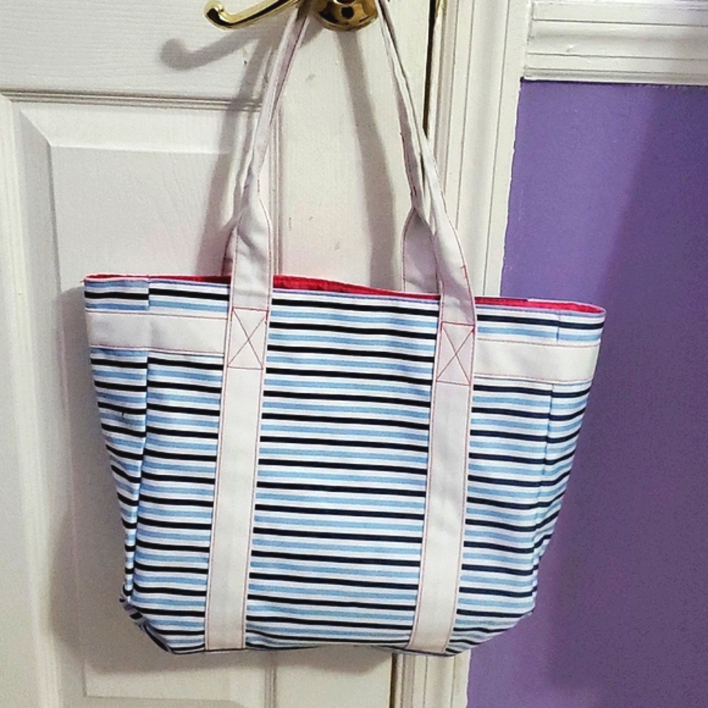 Estee Lauder Blue & White Stripped Utility Medium Canvas Beach Casual Tote Bag